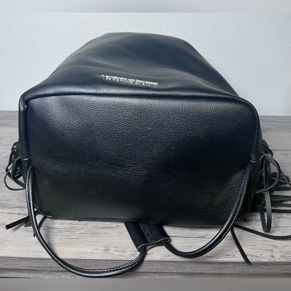 VICTORIA'S SECRET Black Faux Leather Fringe Drawstring Bucket Backpack NWT tags - Picture 10 of 11